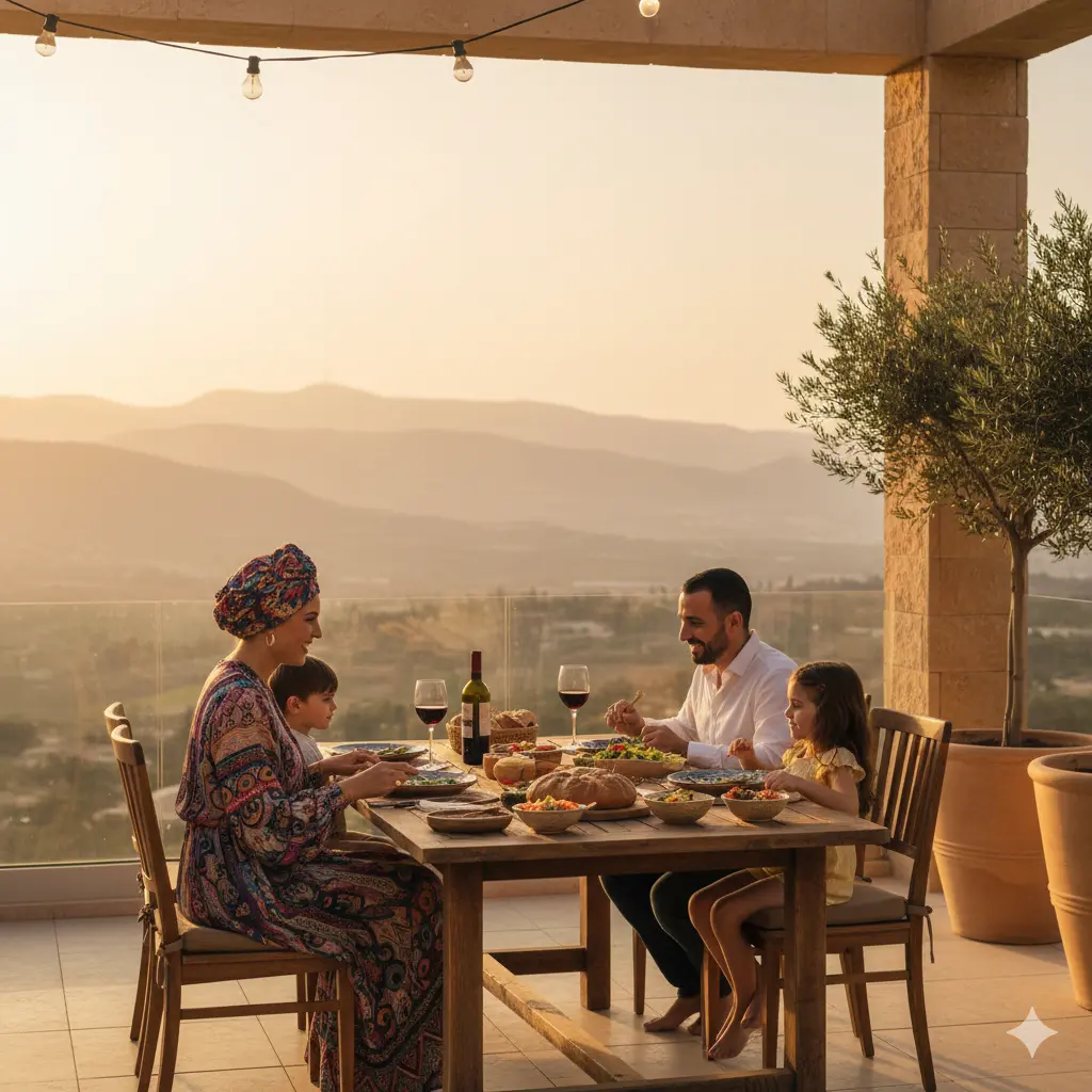 Illustration of a family sharing a meal on a stone terrace at sunset, with the Sea of Galilee behind