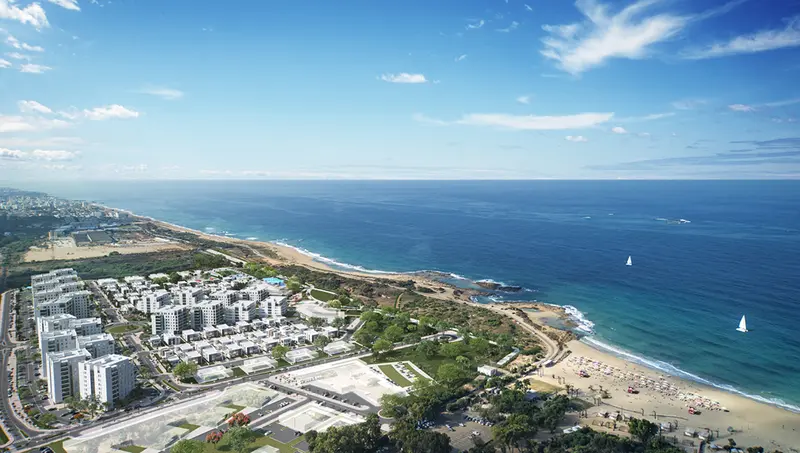 Render of the Shchunat HaYam neighborhood beside the Mediterranean at Achziv