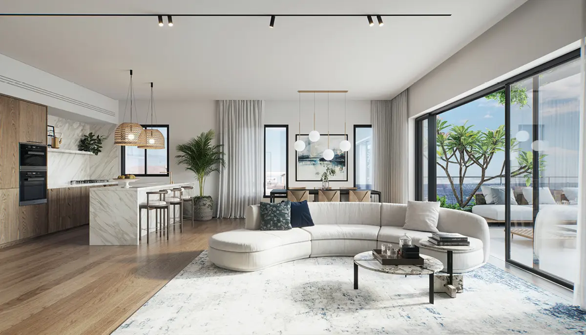 Render of an open kitchen and living room in a Shchunat HaYam apartment