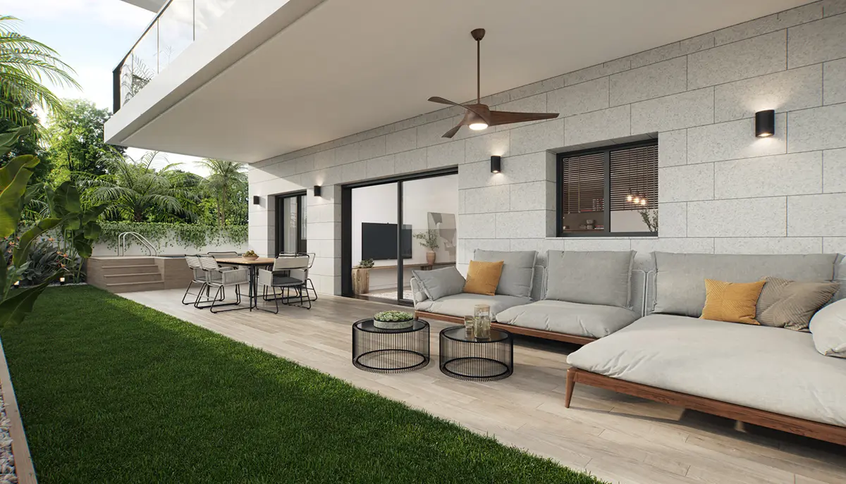 Render of a ground-floor patio and garden at Shchunat HaYam