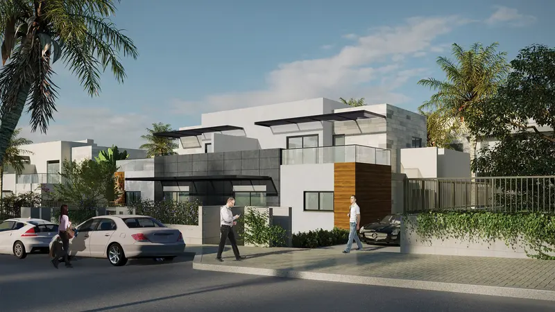 Render of detached homes along a street in the Elita project, Kfar Vradim