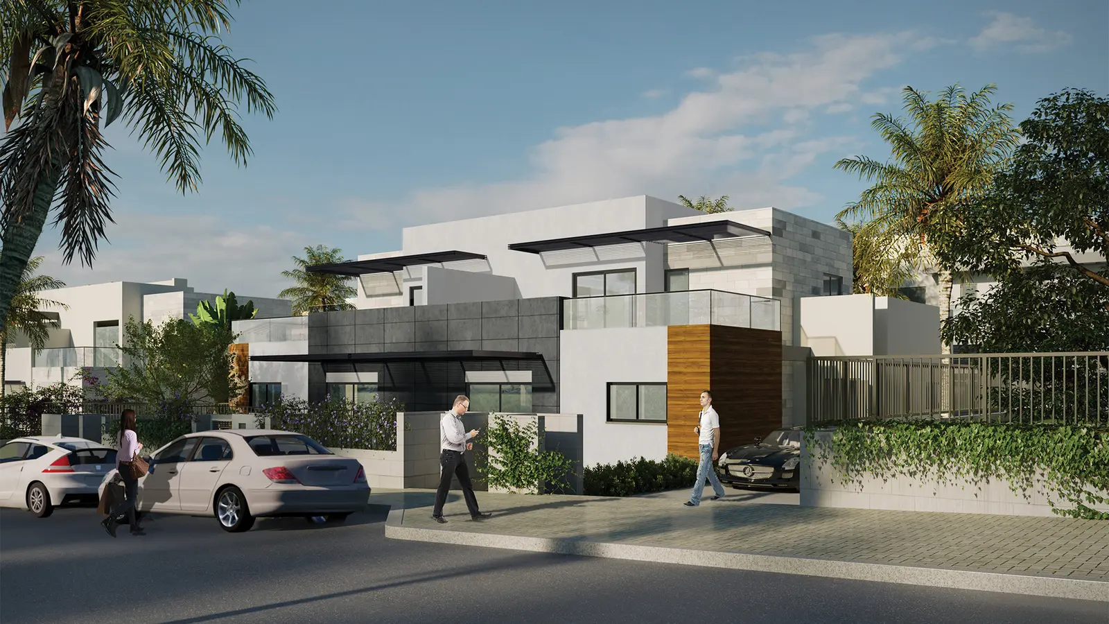 Render of detached homes along a street in the Elita project, Kfar Vradim