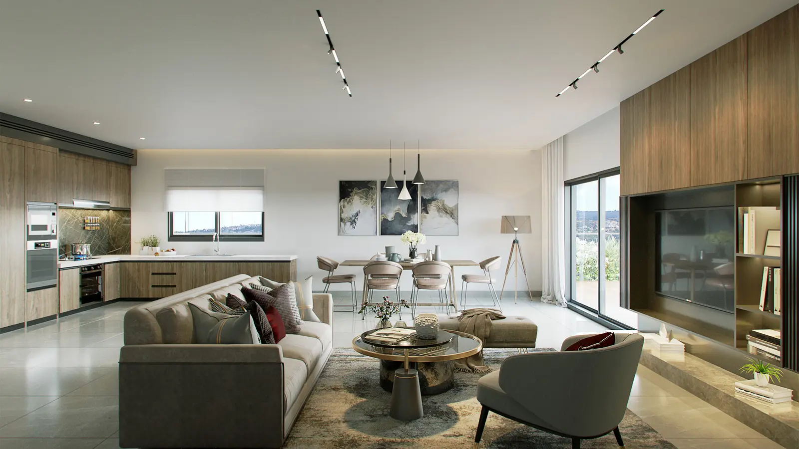 Render of an open living and dining room in an Elita home