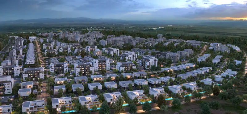 Render of the HaRama neighborhood in Katzrin from above at dusk