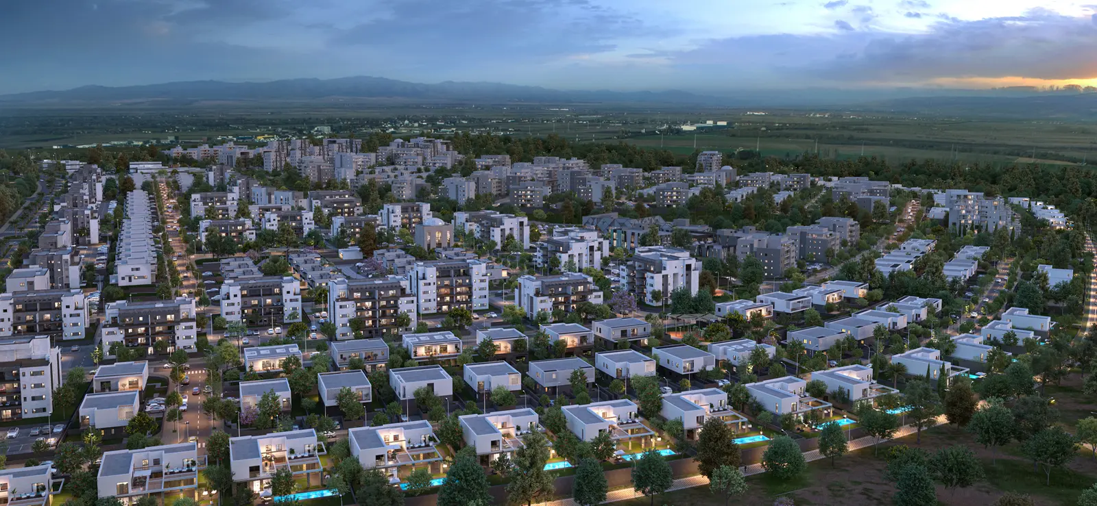 Render of the HaRama neighborhood in Katzrin from above at dusk