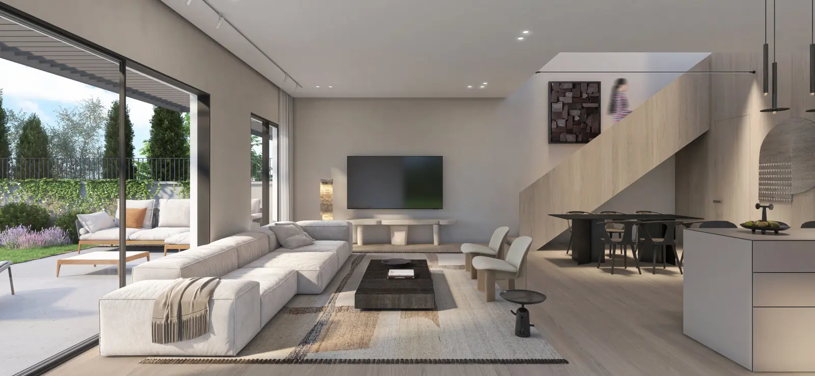 Render of a double-height living room with a staircase in a HaRama home