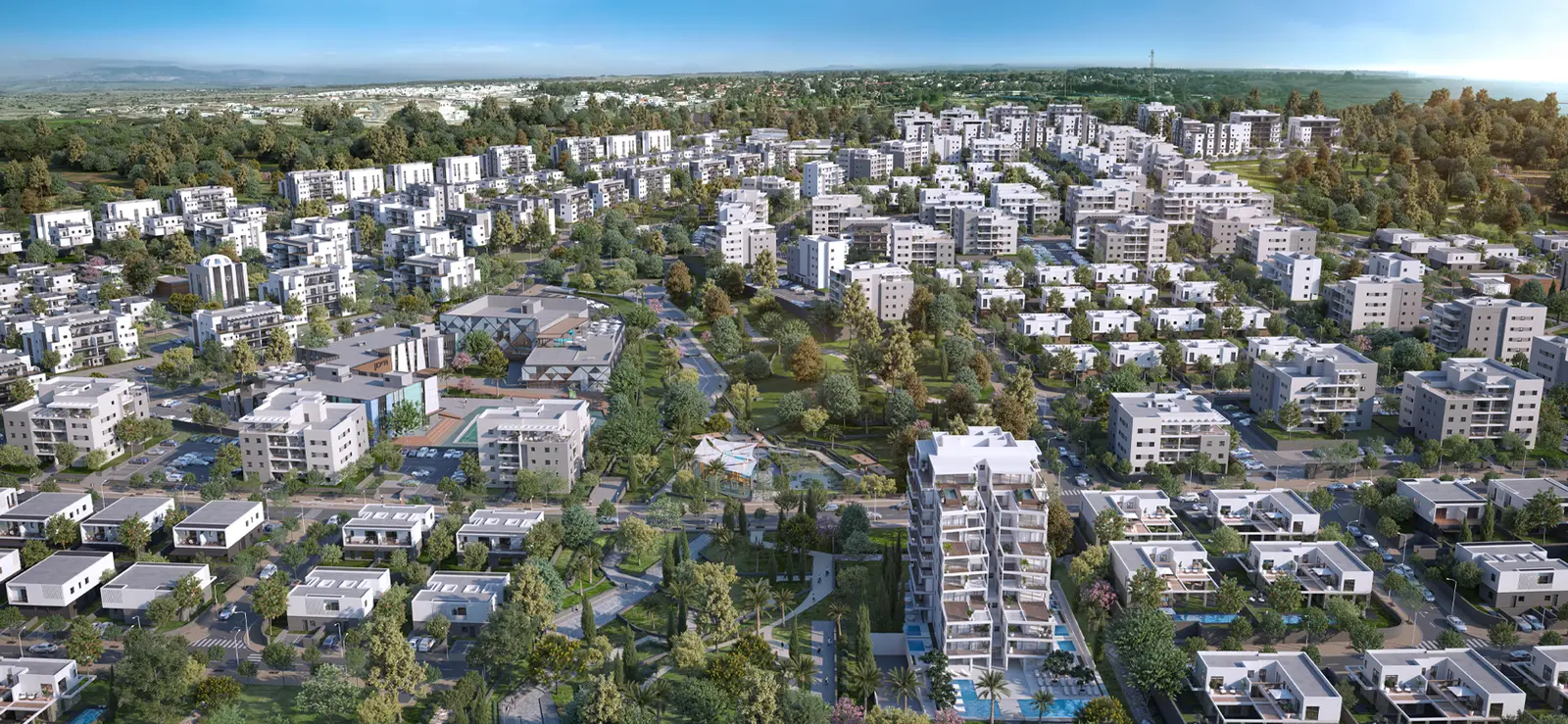 Render of the new HaRama quarter in Katzrin, rows of homes among trees