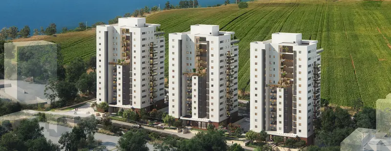 Render of the Highland apartment towers rising over green fields near Poriya