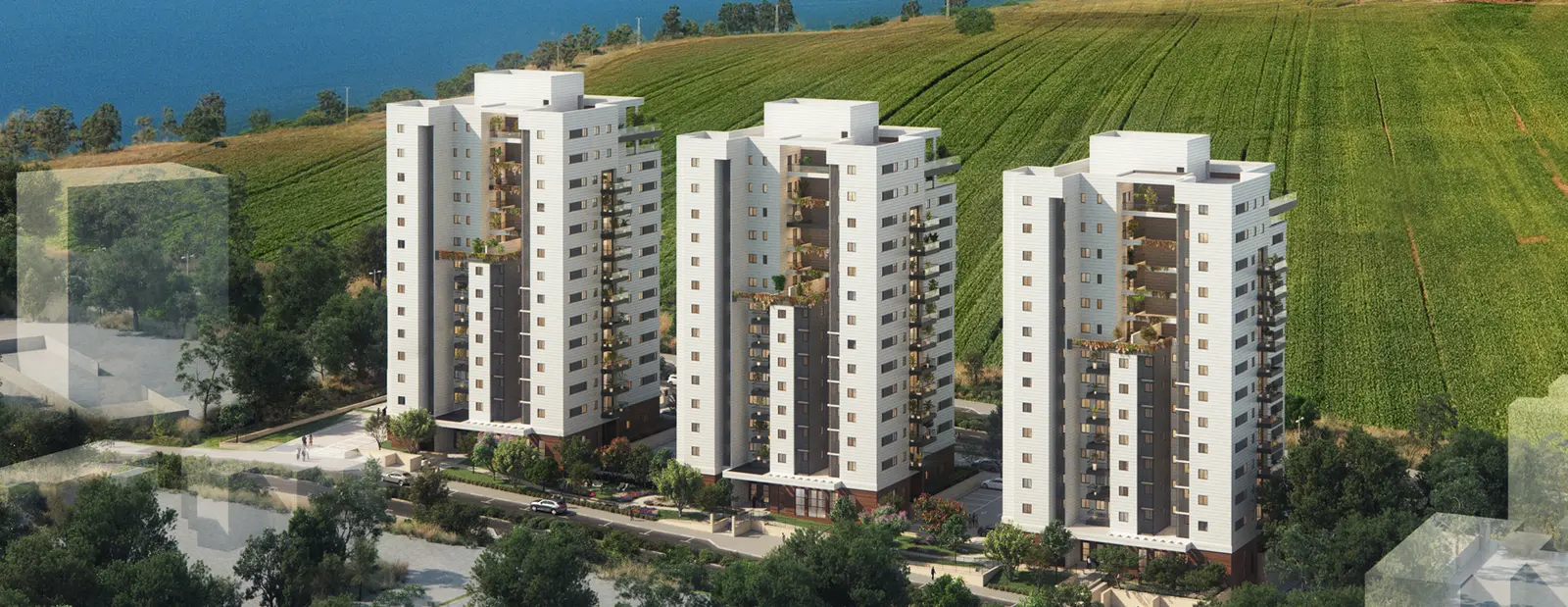 Render of the Highland apartment towers rising over green fields near Poriya