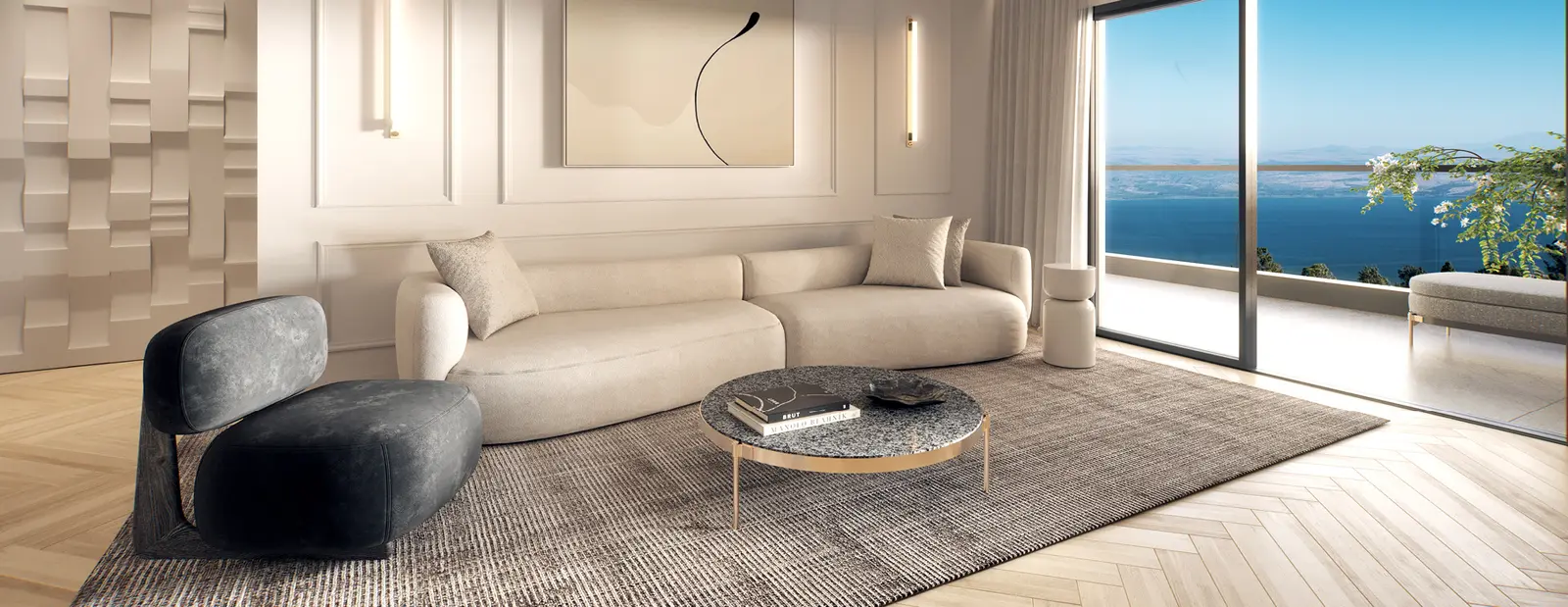 Render of a Highland living room with a view of the Kinneret
