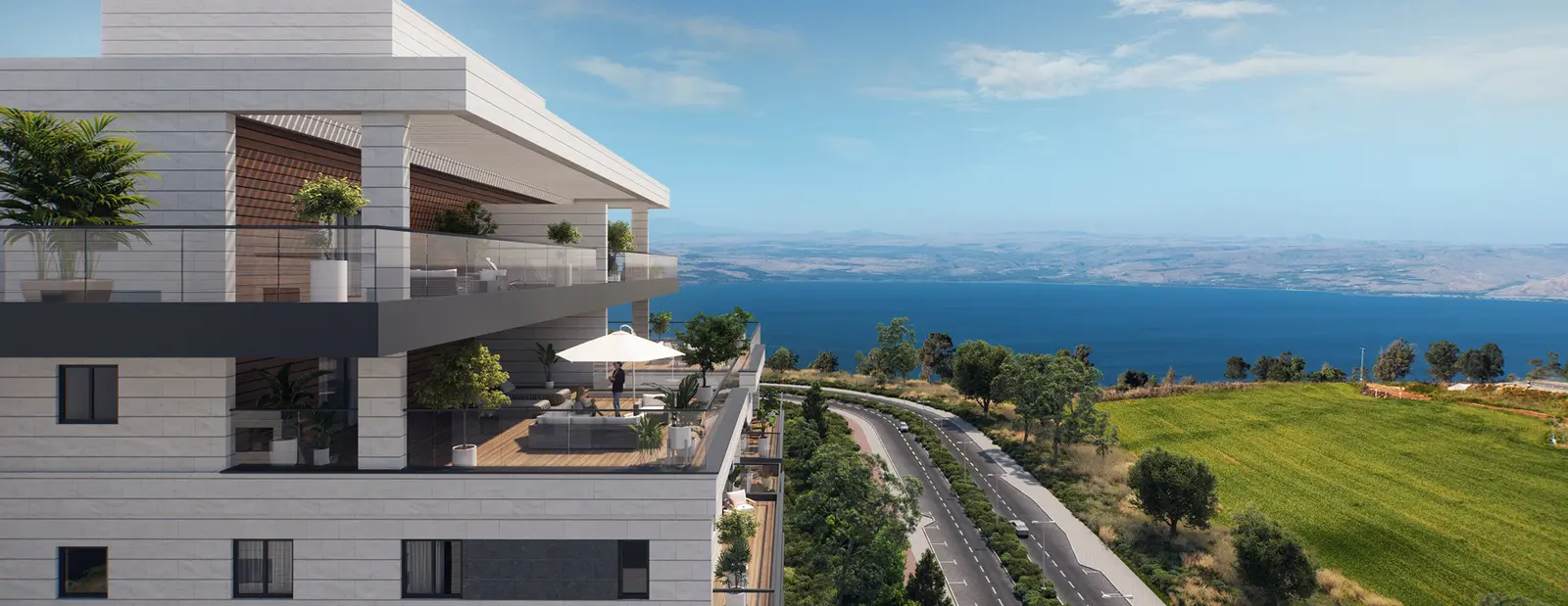 Render of a Highland balcony above the road and the Kinneret