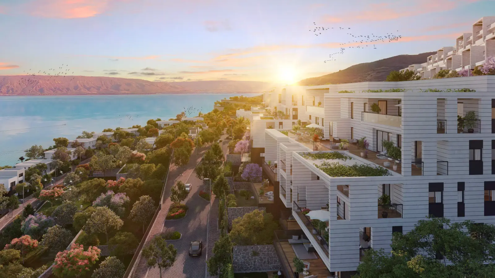 Render of the KAVA neighborhood on the Tiberias shoreline at sunset