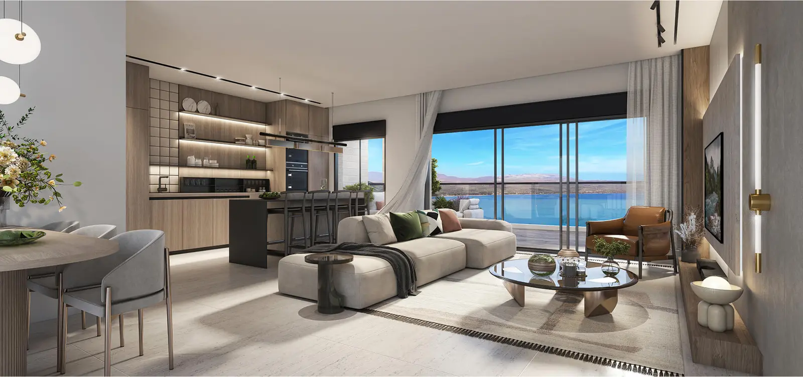 Render of a KAVA living room with a large window onto the lake