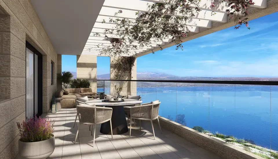 Render of a KAVA terrace looking over the Kinneret