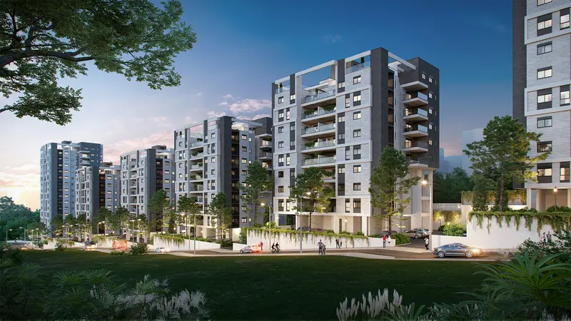 Render of the Lev HaShmura apartment buildings at dusk in Tzfat