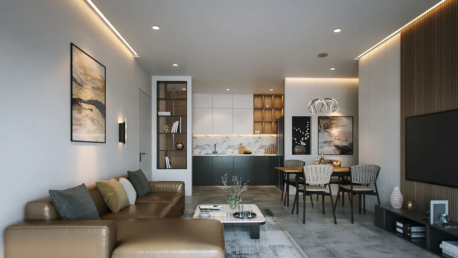 Render of a bright open-plan living and dining room in Lev HaShmura