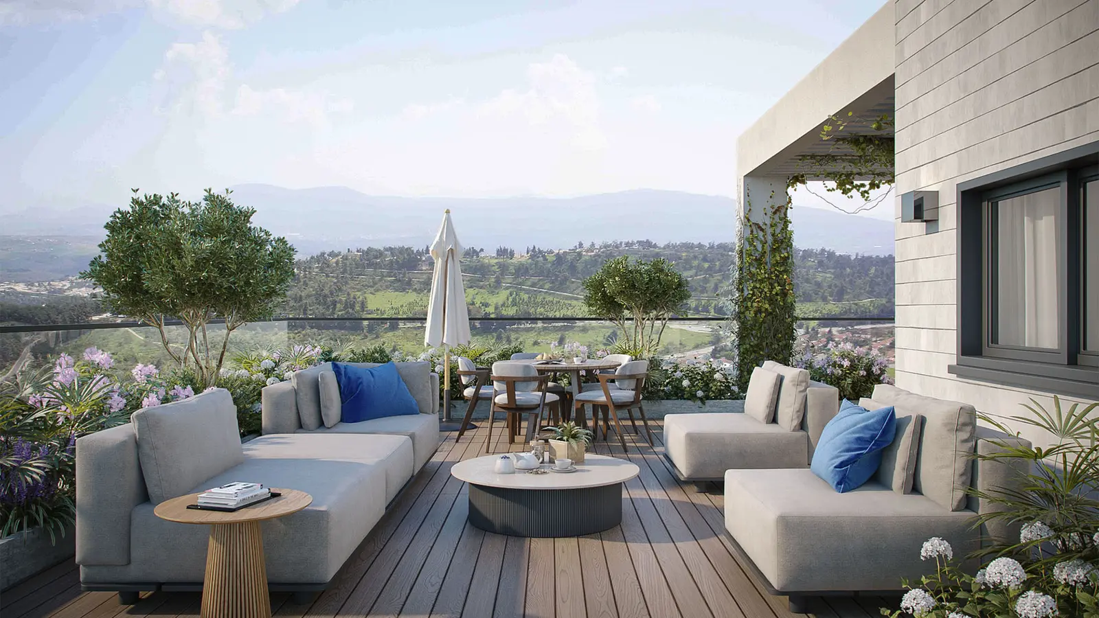 Render of a landscaped terrace with lounge seating and hill views at Lev HaShmura