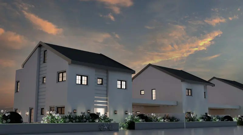 Render of Psagot Yaarit houses at dusk in Shlomi