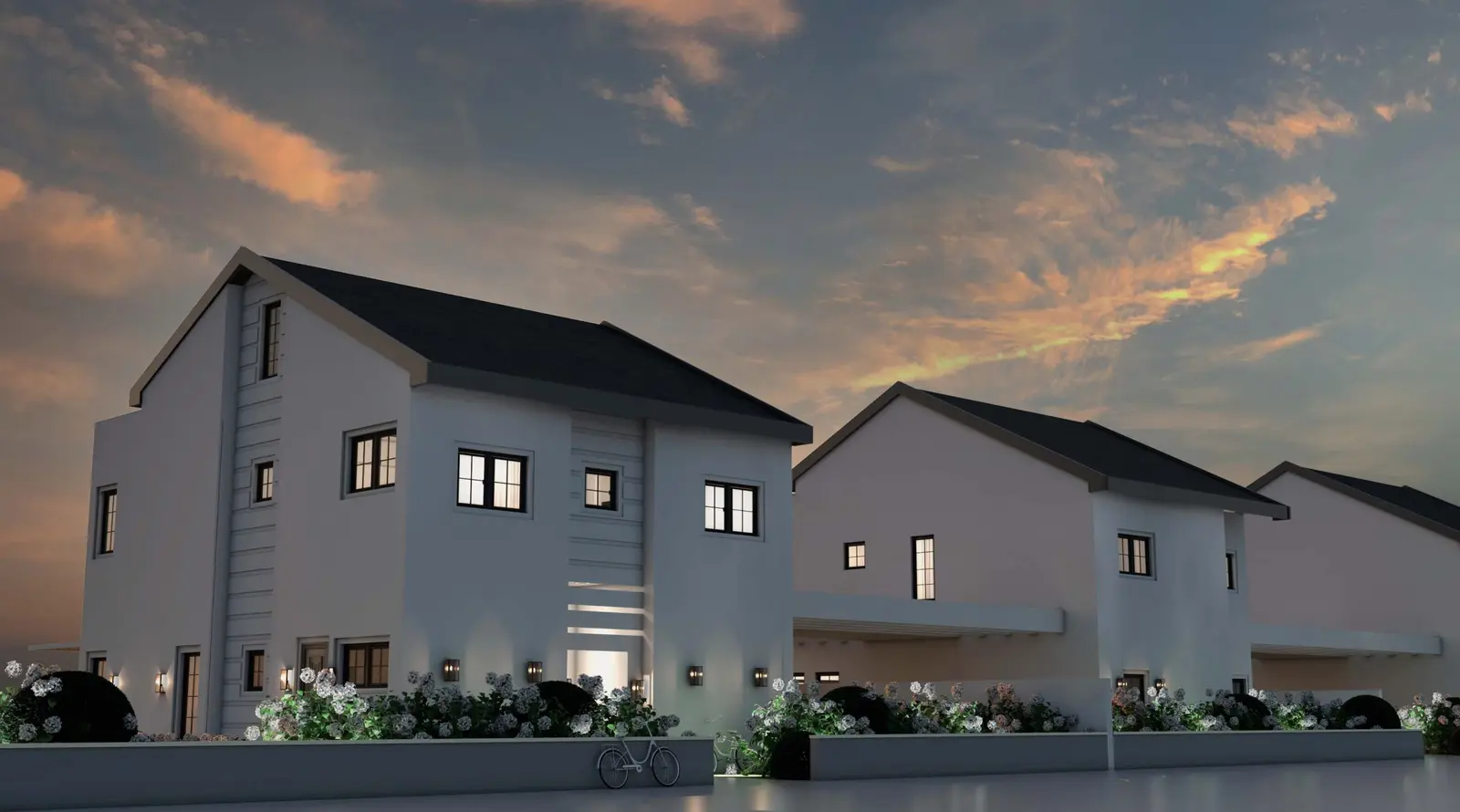 Render of Psagot Yaarit houses at dusk in Shlomi