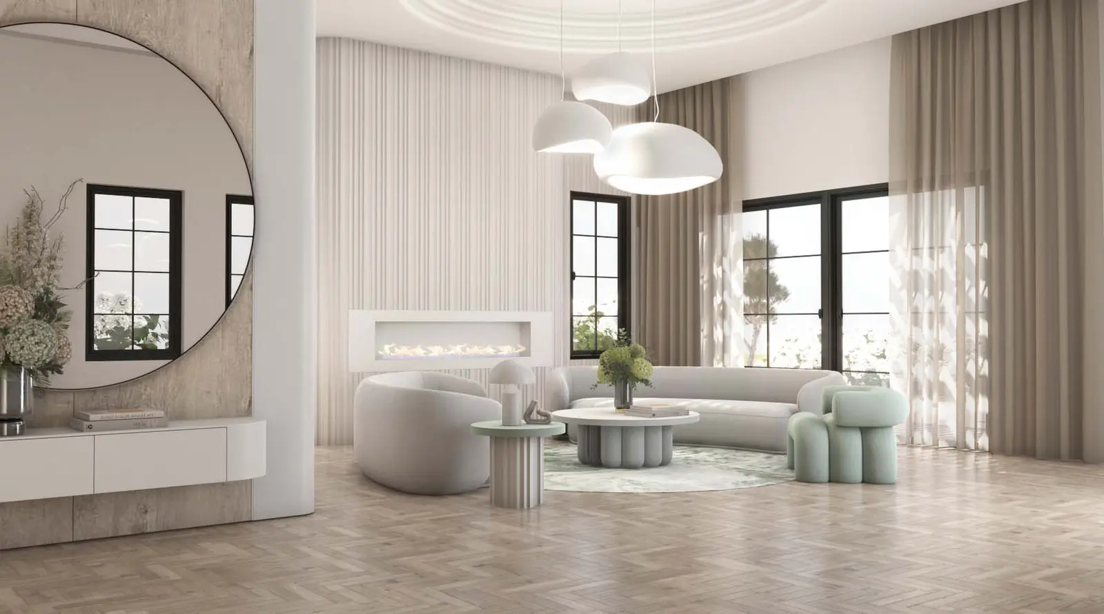 Render of a bright living room in a Psagot Yaarit home