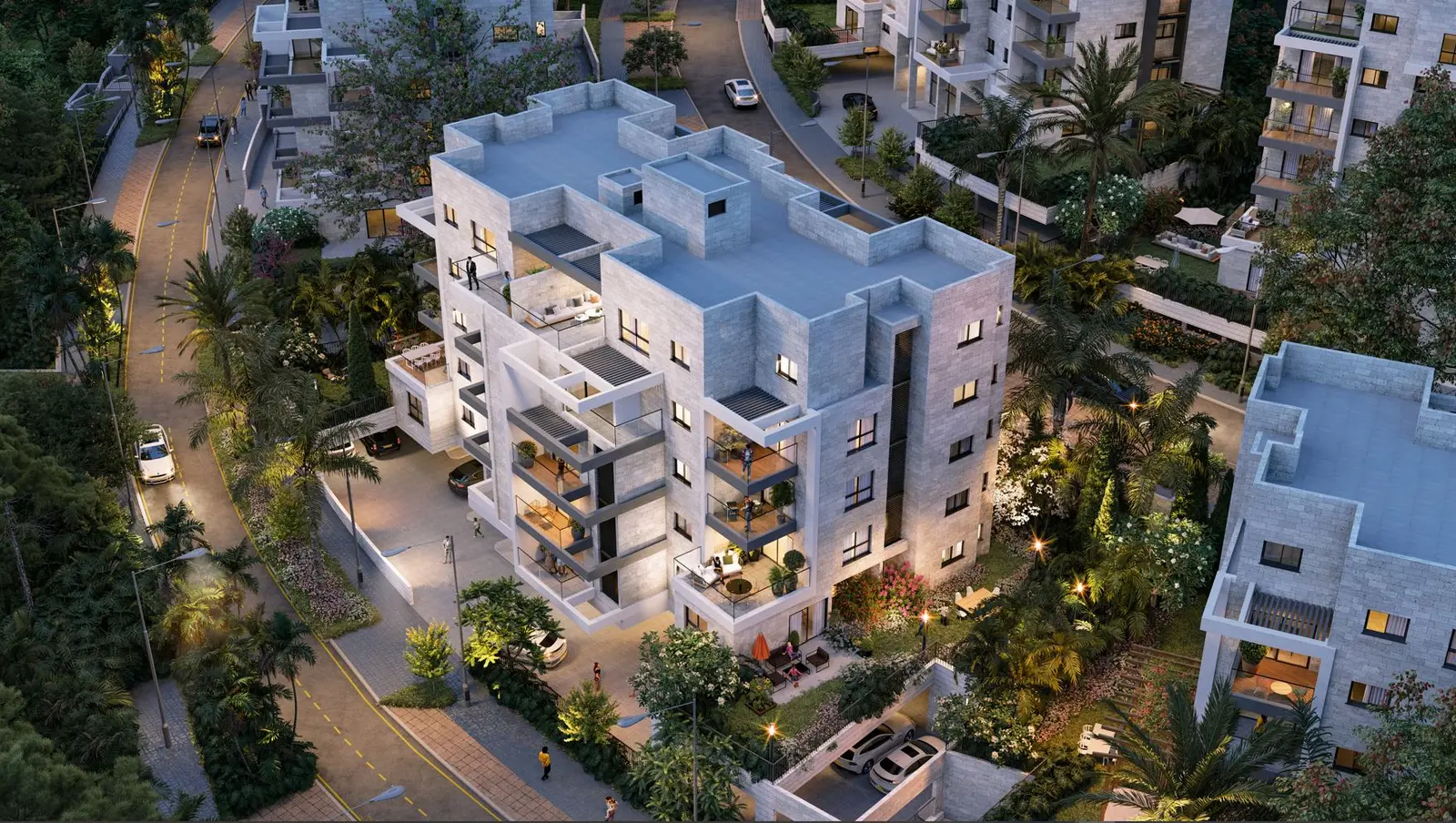 Render of white apartment buildings among trees at Tzafenet, seen from above