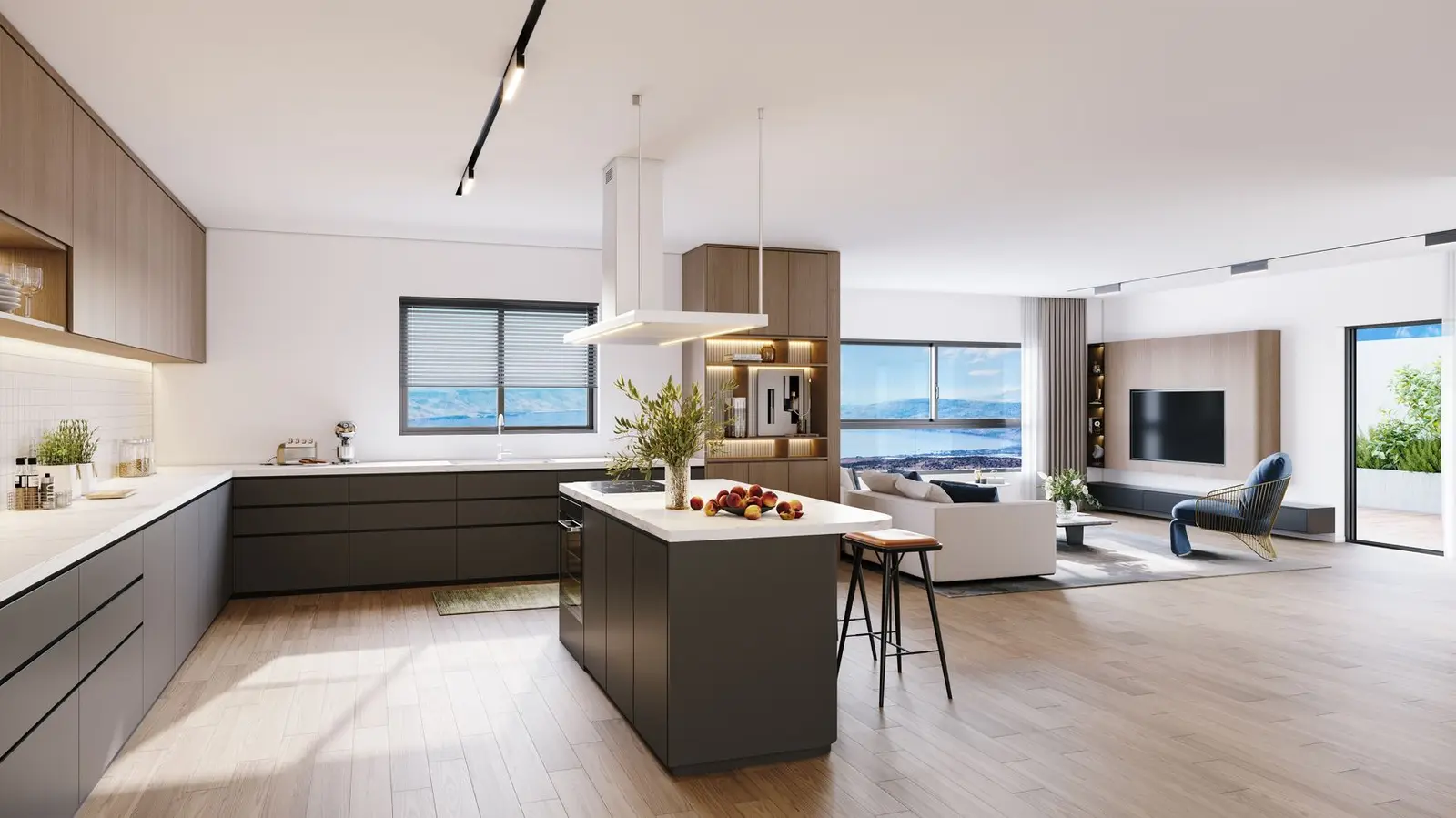 Render of a modern kitchen and living area in a Tzafenet apartment