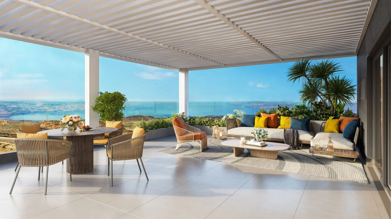 Render of a covered terrace with outdoor sofas and a sea view at Tzafenet