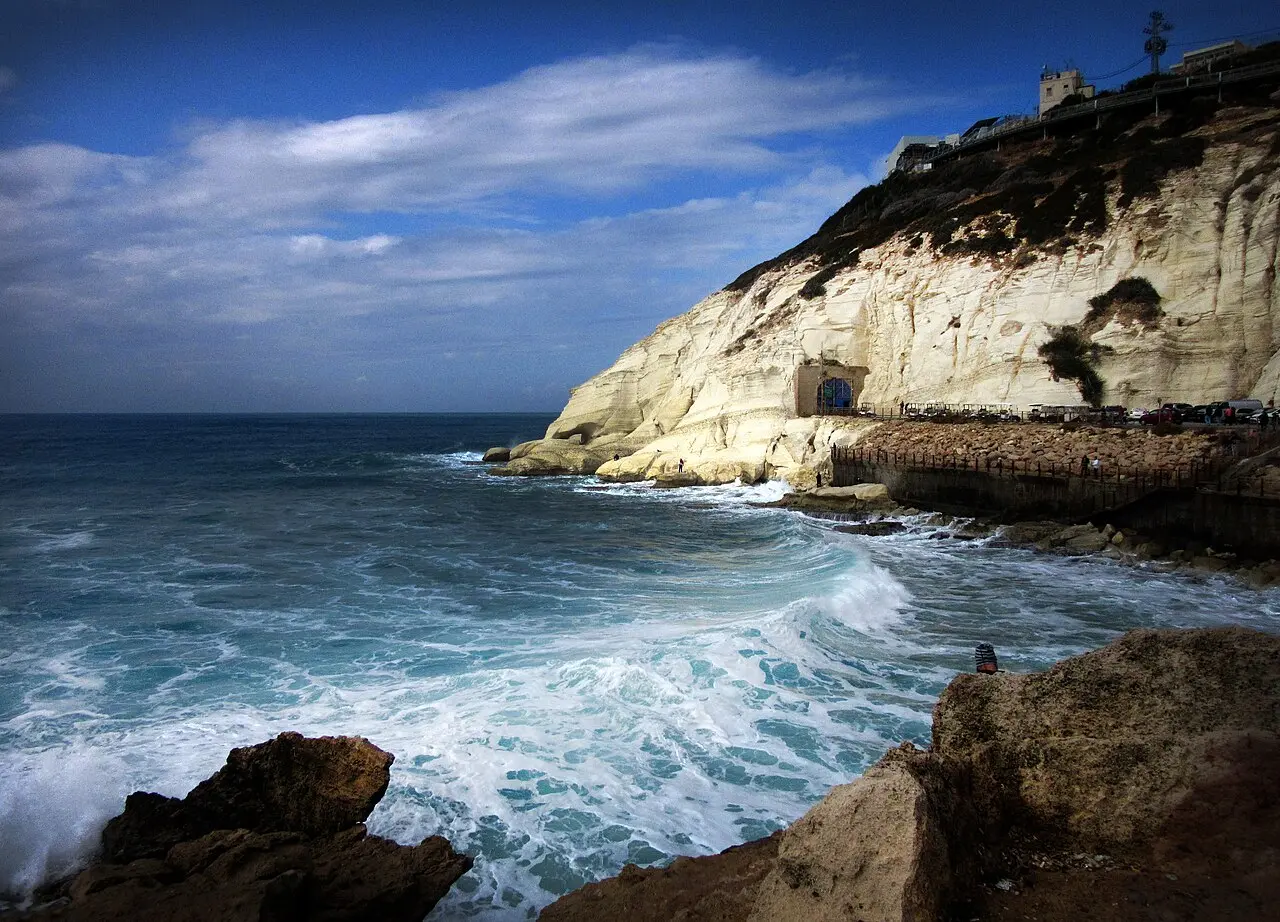 Waves breaking on the white chalk cliffs and rocks at Rosh Hanikra