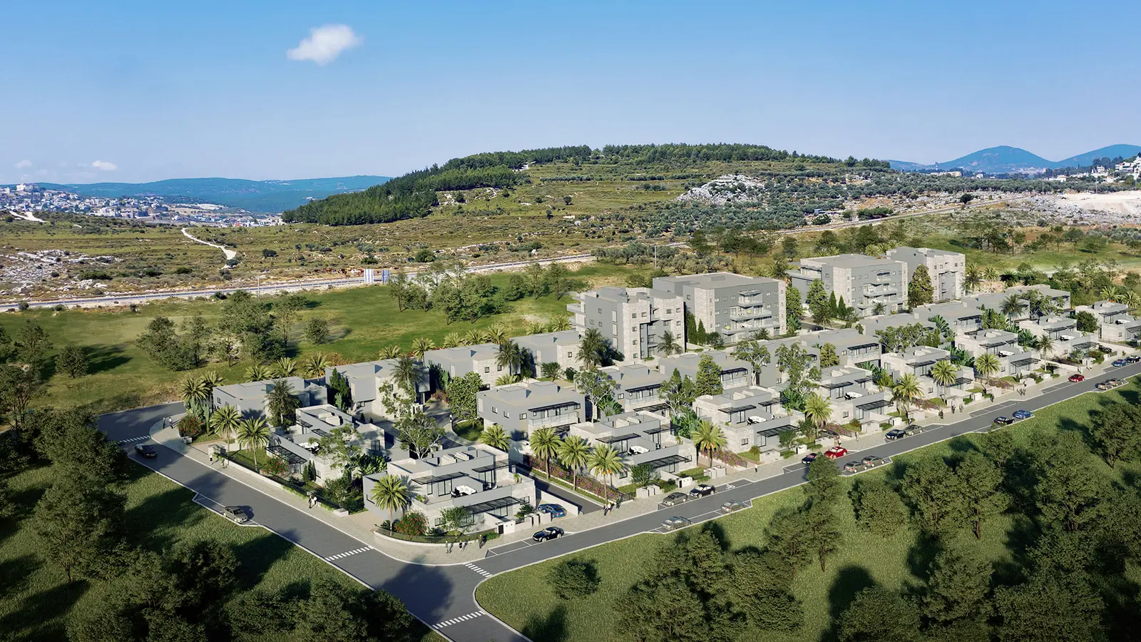 Render of the Elita neighborhood spread across a hillside in Kfar Vradim