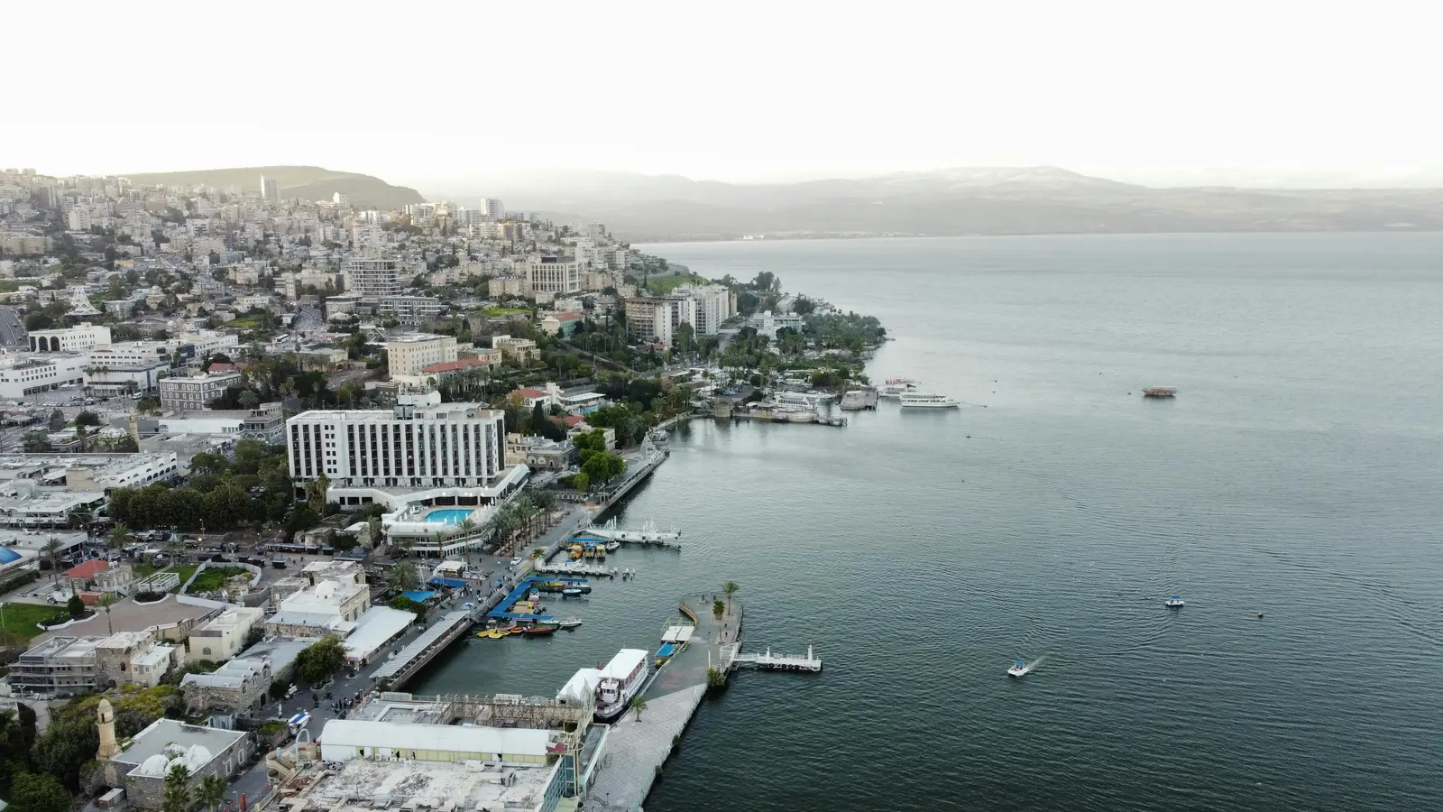 Aerial view of Tiberias and its marina on the Sea of Galilee